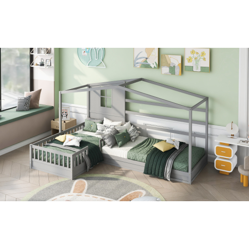 Wood House Bed Twin Size, 2 Twin Solid Bed L Structure With Fence And Slatted Frame 15 Wood House Bed Twin Size, 2 Twin Solid Bed L Structure With Fence And Slatted Frame