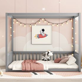 Full Size Canopy Frame Floor Bed With Fence, Guardrails
