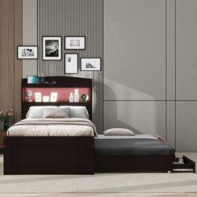 Twin XL Size Platform Bed with Storage LED Headboard, Charging Station, Twin Size Trundle and 2 Drawers