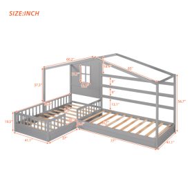 Wood House Bed Twin Size, 2 Twin Solid Bed L Structure With Fence And Slatted Frame 18 Wood House Bed Twin Size, 2 Twin Solid Bed L Structure With Fence And Slatted Frame