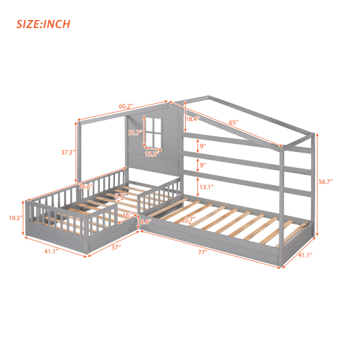 Wood House Bed Twin Size, 2 Twin Solid Bed L Structure With Fence And Slatted Frame 6 Wood House Bed Twin Size, 2 Twin Solid Bed L Structure With Fence And Slatted Frame
