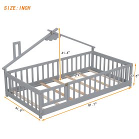 Twin House-Shaped Bedside Floor Bed with Guardrails, Slats, with Door