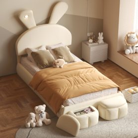 Twin Size Upholstered Platform Bed with Cartoon Ears Shaped Headboard and Light