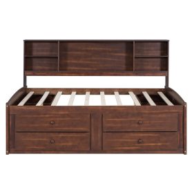 Full Size Wooden Captain Bed with Built-in Storage Shelves, 4 Drawers and 2 Cabinets
