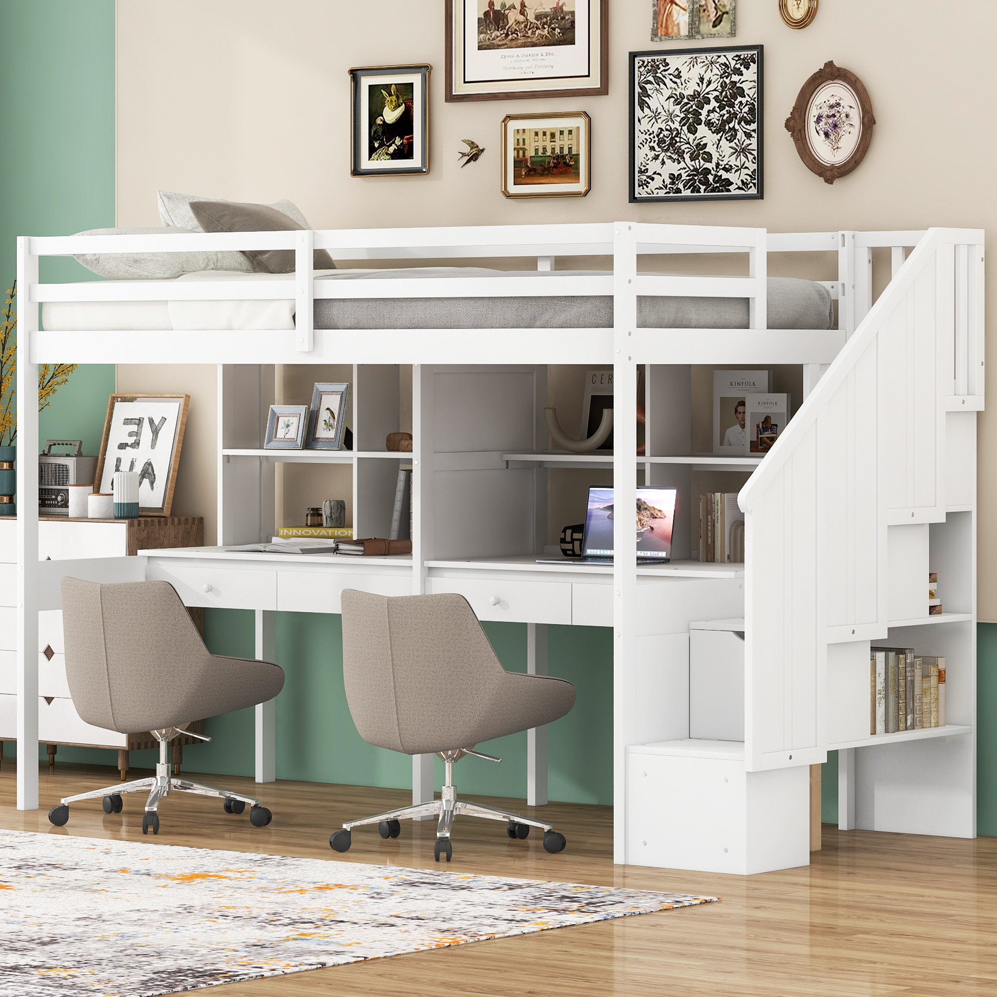 Twin Size Loft Bed Frame with Storage Staircase and Double Desks and Shelves