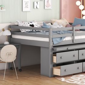 Full Size Loft Bed With Retractable Writing Desk, 4 Drawers And Shelves