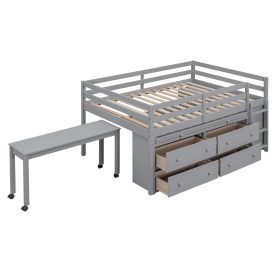 Full Size Loft Bed With Retractable Writing Desk, 4 Drawers And Shelves