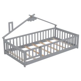 Twin House-Shaped Bedside Floor Bed with Guardrails, Slats, with Door