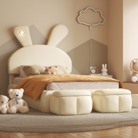 Twin Size Upholstered Platform Bed with Cartoon Ears Shaped Headboard and Light