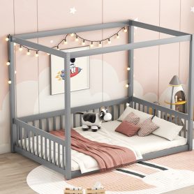 Full Size Canopy Frame Floor Bed With Fence, Guardrails