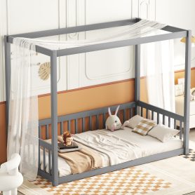 Twin Size Canopy Frame Floor Bed with Fence, Guardrails