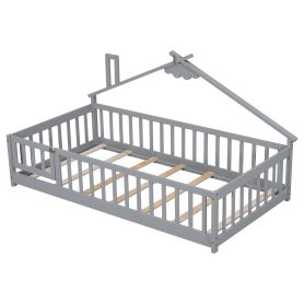 Twin House-Shaped Bedside Floor Bed with Guardrails, Slats, with Door