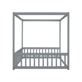 Full Size Canopy Frame Floor Bed With Fence, Guardrails