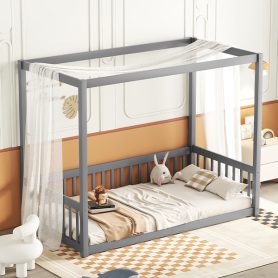 Twin Size Canopy Frame Floor Bed with Fence, Guardrails
