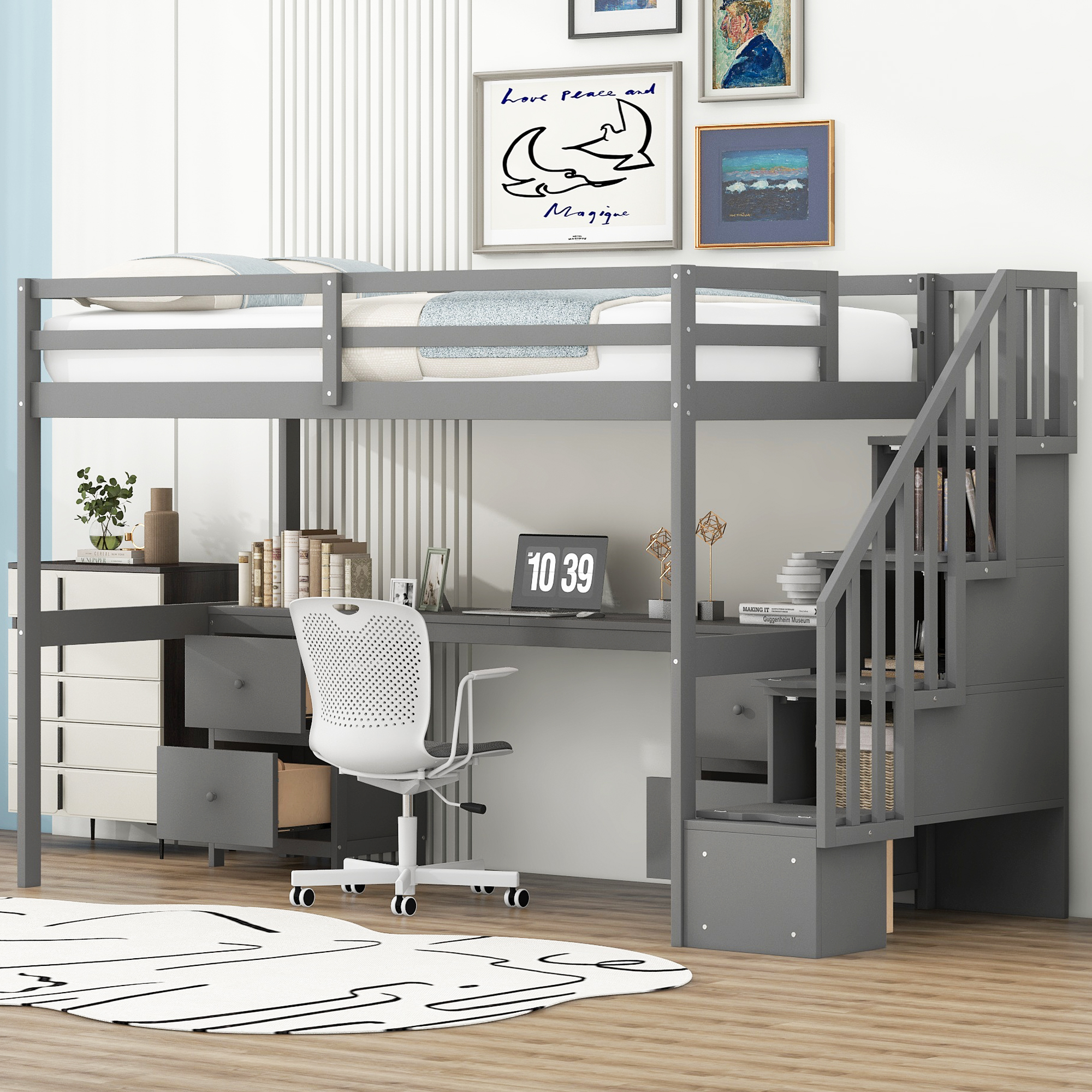 Twin Size Loft Bed Frame with Built-in Desk and Double Storage Drawers