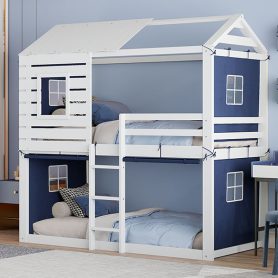 Twin Size Bunk Wood House Bed with Tent