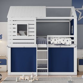 Full Size Bunk Wood House Bed with Tent
