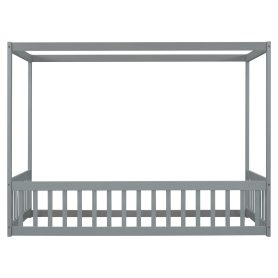 Twin Size Canopy Frame Floor Bed with Fence, Guardrails
