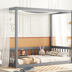Twin Size Canopy Frame Floor Bed with Fence, Guardrails