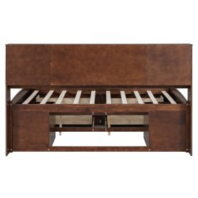 Full Size Wooden Captain Bed with Built-in Storage Shelves, 4 Drawers and 2 Cabinets