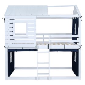 Full Size Bunk Wood House Bed with Tent