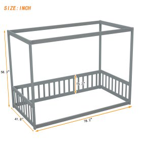 Twin Size Canopy Frame Floor Bed with Fence, Guardrails