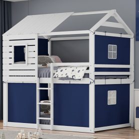 Full Size Bunk Wood House Bed with Tent