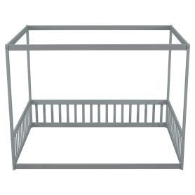 Full Size Canopy Frame Floor Bed With Fence, Guardrails
