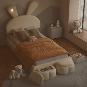 Twin Size Upholstered Platform Bed with Cartoon Ears Shaped Headboard and Light