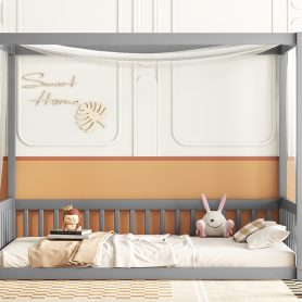 Twin Size Canopy Frame Floor Bed with Fence, Guardrails