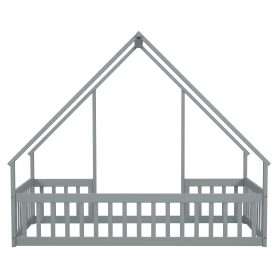 Twin Wood House-shaped Floor Bed With Fence, Guardrails