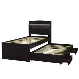 Twin XL Size Platform Bed with Storage LED Headboard, Charging Station, Twin Size Trundle and 2 Drawers