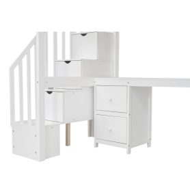 Twin Size Loft Bed Frame with Built-in Desk and Double Storage Drawers