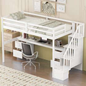 Twin Size Loft Bed Frame with Built-in Desk and Double Storage Drawers