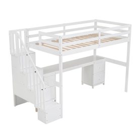 Twin Size Loft Bed Frame with Built-in Desk and Double Storage Drawers