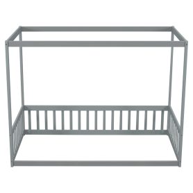 Twin Size Canopy Frame Floor Bed with Fence, Guardrails