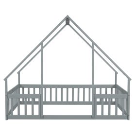 Full Wood House-shaped Floor Bed With Fence, Guardrails