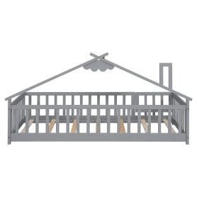 Twin House-Shaped Bedside Floor Bed with Guardrails, Slats, with Door