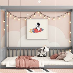 Full Size Canopy Frame Floor Bed With Fence, Guardrails