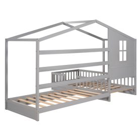 Wood House Bed Twin Size, 2 Twin Solid Bed L Structure With Fence And Slatted Frame 19 Wood House Bed Twin Size, 2 Twin Solid Bed L Structure With Fence And Slatted Frame