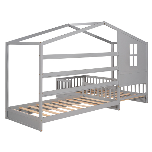 Wood House Bed Twin Size, 2 Twin Solid Bed L Structure With Fence And Slatted Frame 7 Wood House Bed Twin Size, 2 Twin Solid Bed L Structure With Fence And Slatted Frame