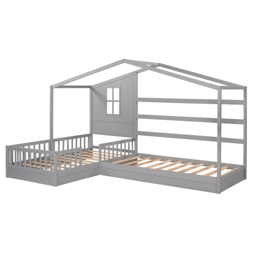 Wood House Bed Twin Size, 2 Twin Solid Bed L Structure With Fence And Slatted Frame 5 Wood House Bed Twin Size, 2 Twin Solid Bed L Structure With Fence And Slatted Frame
