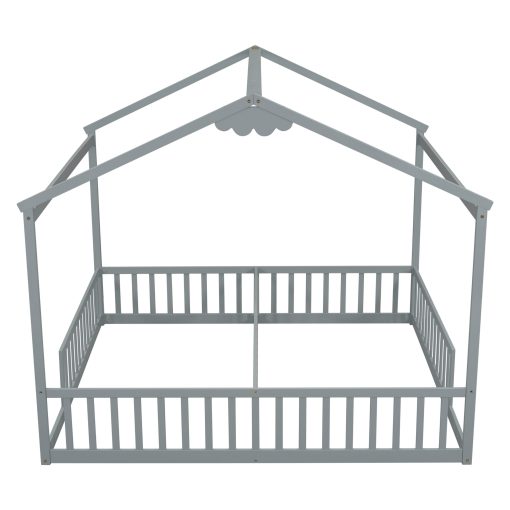 Double Twin House-style Floor Bed With Fence and Guardrails, Without Door