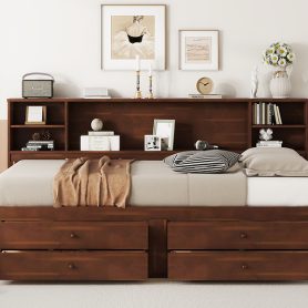 Full Size Wooden Captain Bed with Built-in Storage Shelves, 4 Drawers and 2 Cabinets