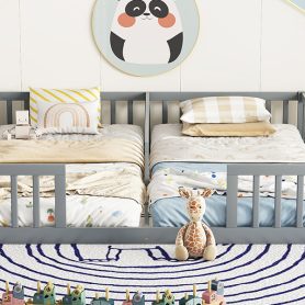 Double Twin Floor Bed With Fence, Guardrails, Without Door