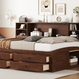 Full Size Wooden Captain Bed with Built-in Storage Shelves, 4 Drawers and 2 Cabinets