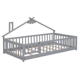Twin House-Shaped Bedside Floor Bed with Guardrails, Slats, with Door