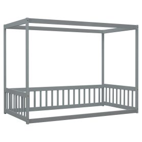 Twin Size Canopy Frame Floor Bed with Fence, Guardrails