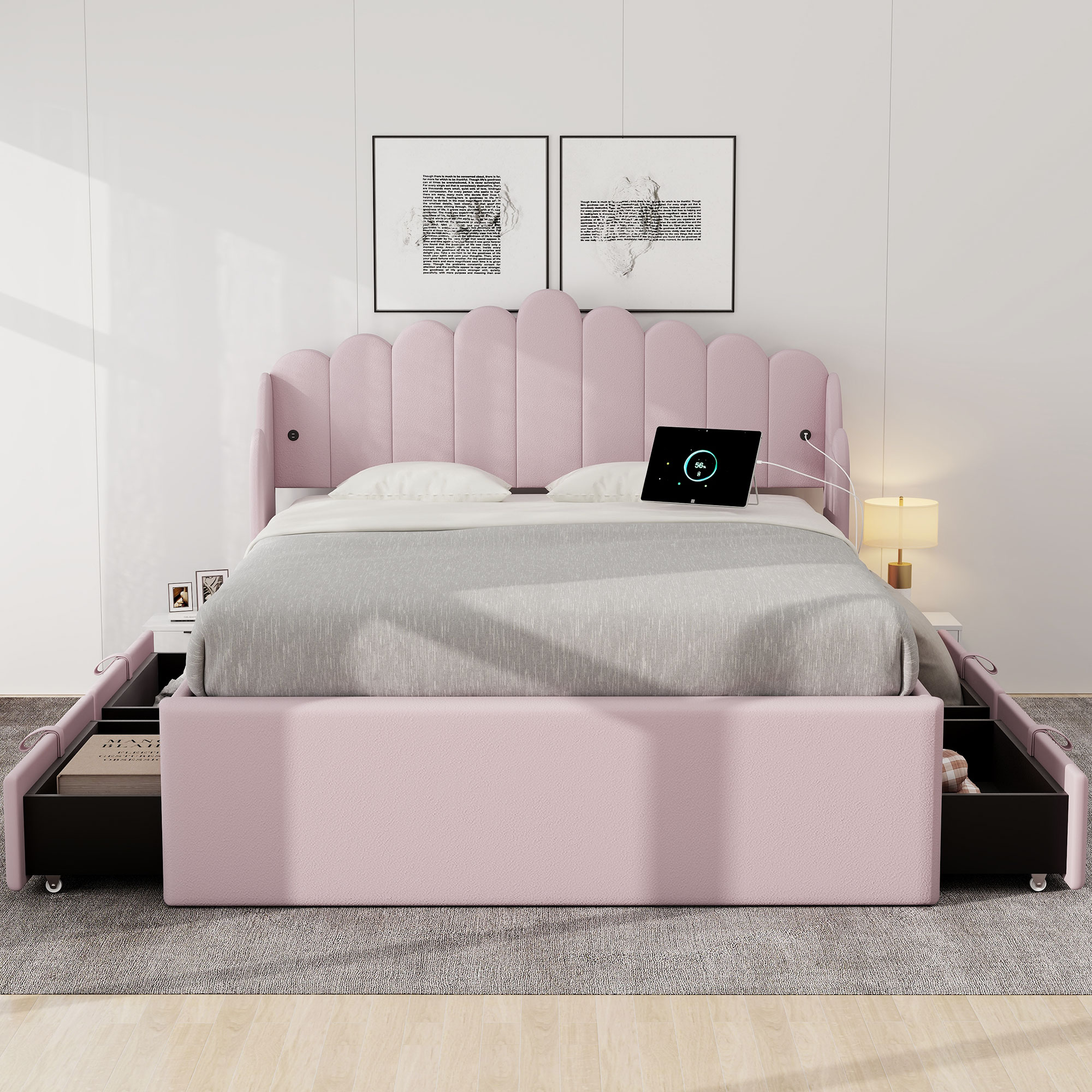 Full Size Upholstered Platform Bed with 4 Drawers and 2 USB