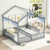 Double Twin House-Style Floor Bed With Fence, Guardrails, Without Door